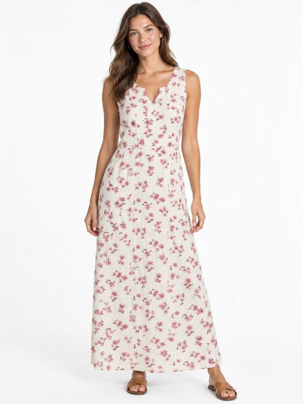 L.L. Bean Women's Linen Floral Sleeveless Maxi Dress Beach Oatmeal Beige Size 6